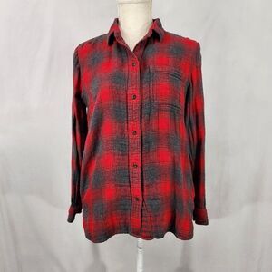 Madewell Button Up Flannel Shirt Womens Size Small  Red Gray Plaid Side Pockets